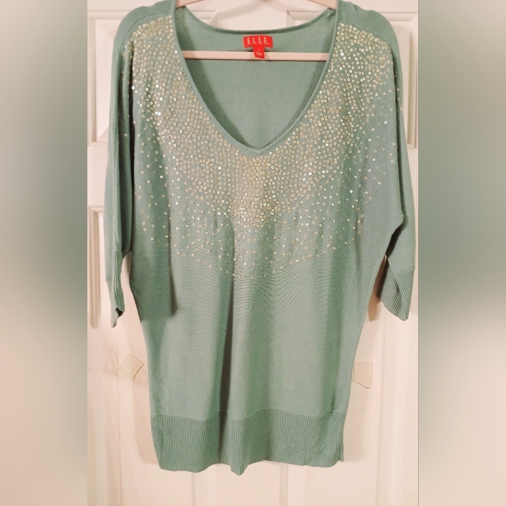 ELLE SZ S SEQUIN 3/4" DOLMAN SLEEVE V-NECK COTTON/RAYON PULL OVER SWEATER